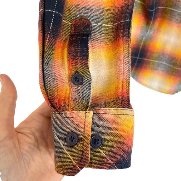 Nomad Orange Navy Plaid Flannel Button Up Waffle Knit Hood Mens MED Fall Casual - Picture 4 of 8